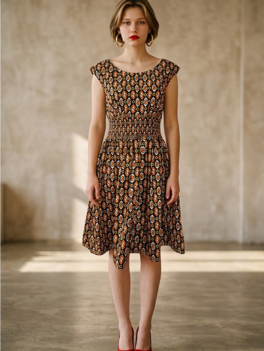 Prada Brown & Orange Geometric Smocked-Waist Midi Dress